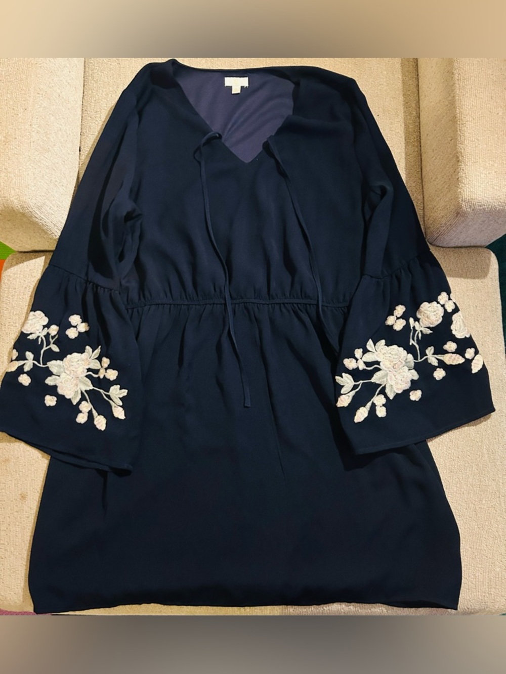 Charming Charlie Navy Embroidered Bell Sleeved Dual Layered Midi Peasant Dress